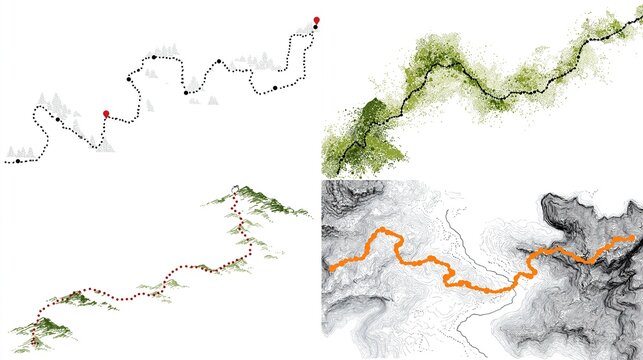 Four stylized maps depict mountain paths one detailed, others abstract in grayscale, color, & contour