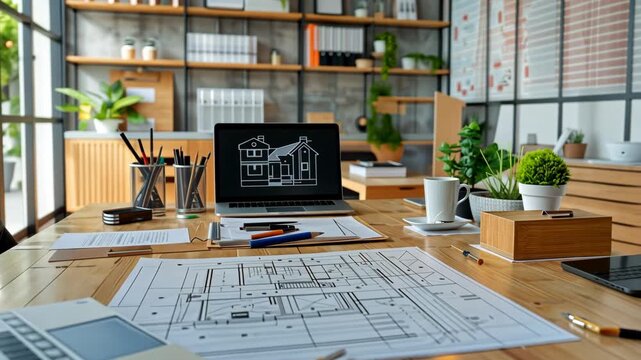 Selective focus. House facade blueprint on laptop with paper plans on architect&rsquo;s desk