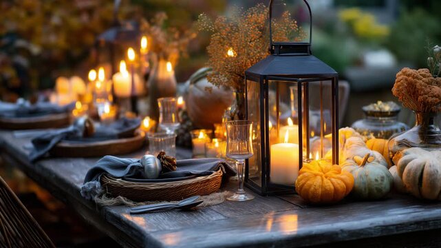 Elegant autumn table setting with candles and pumpkins outdoors  
