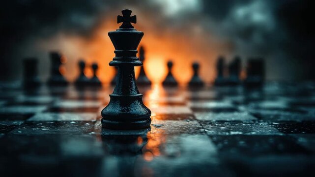 Black king chess piece on wet board with reflection and focus, intense game strategy on chess board with dramatic lighting and blurred black pieces creating powerful atmosphere