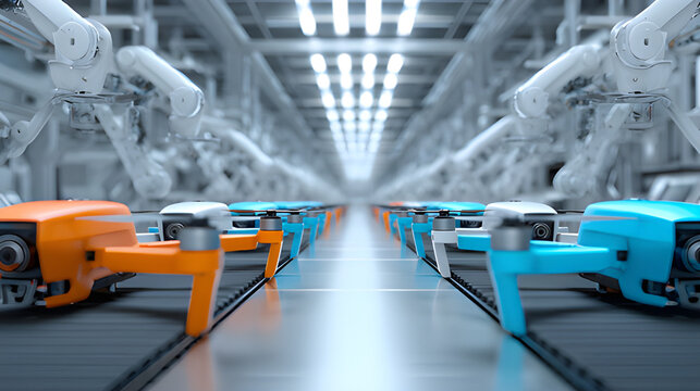 Drone assembly robot automated factory production plant. Drone surveillance manufacturing line on conveyor belt in the factory enmasse. 