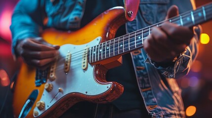 A musician plays an electric guitar under colorful lights, creating an electrifying, rhythmic atmosphere
