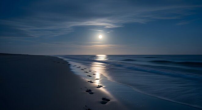 Footprints on Sandy Beach Under Moonlit Sky at Night