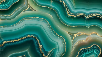 Abstract close up of a vibrant green agate geode slice with shimmering gold veins and intricate swirling patterns creating a luxurious natural texture