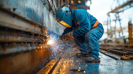 A welder in protective gear expertly repairs a ship, creating bright sparks in a bustling industrial setting