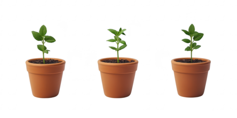 Three plants in pots illustration on transparent png background
