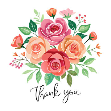 Vector art of beautiful floral bouquet with thank you message isolated on white background