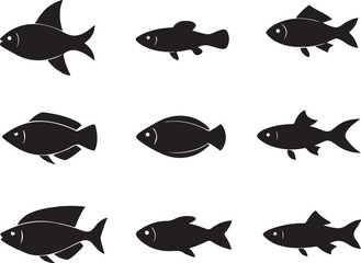 Set of various fish silhouettes isolated