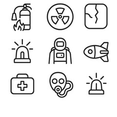 Emergency Systems Icons. Outline icon set of safety and emergency systems: fire suppression, radiation alarm, hull breach sensor,