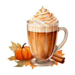 Pumpkin spiced latte in glass mug with whipped cream, pumpkin, autumn leaves, and cinnamon sticks on transparent background. Autumn drink concept for fall season for Thanksgiving.