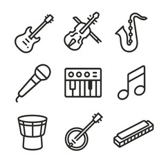 Music Genre Icons. Outline icon set of soundtrack genres: rock guitar, classical violin, jazz saxophone, hip-hop microphone,