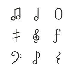 Music Note Icons. Outline icon set of music notes: quarter note, eighth note, half note, whole note, sharp, flat, treble clef,