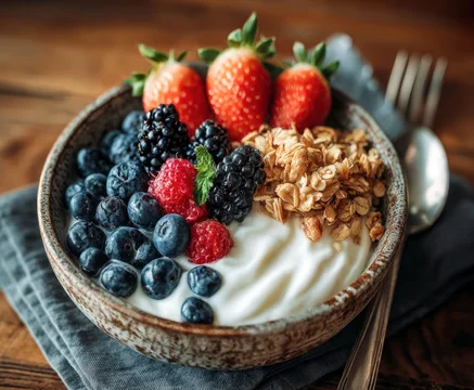Nutritious start of the day with fruits and crunchy topping