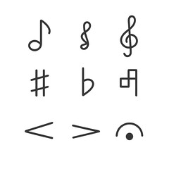 Music Symbols Icon Set. Outline icon set of music symbols: note, rest, clef, sharp, flat, natural, crescendo, decrescendo, fermata