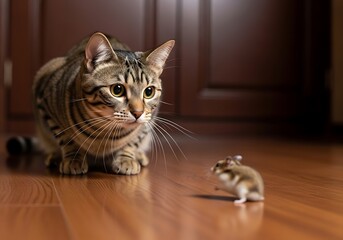 Illustration of tabby cat curiously stalking a small hamster on a wooden floor