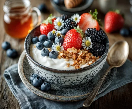 Rustic table setup with fresh morning meal and natural light