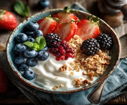 Healthy breakfast bowl with yogurt fruits and granola top view