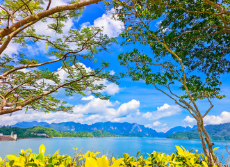 Khao sok national park. Large reservoir in Asia, Thailand. Background image, travel in Thailand. Natural places, sea, mountains, sky and clouds. Surat Thani. Ratchaprapha Dam