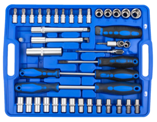 Complete Socket and Screwdriver Tool Set in Blue Case Isolated on White Background