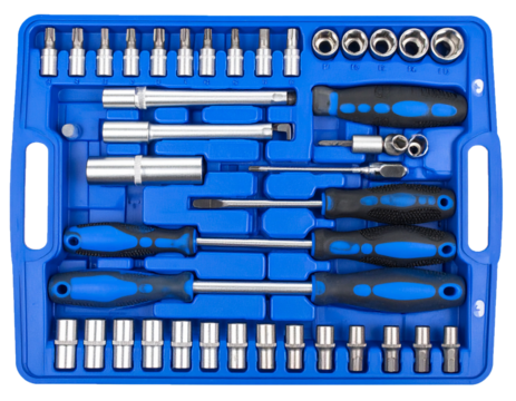 Complete Socket and Screwdriver Tool Set in Blue Case Isolated on White Background