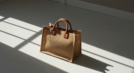 Light-brown jute tote bag on white floor