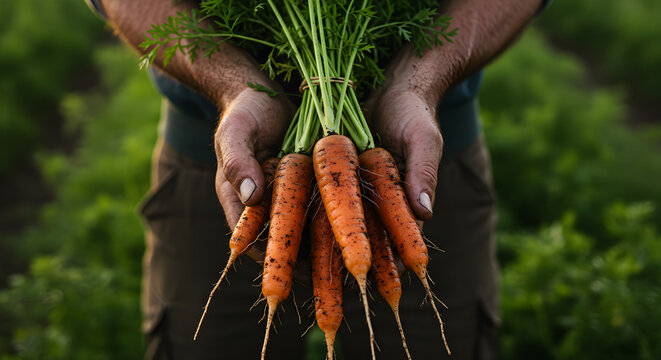 Closeup of a farmer holding a bunch of freshly harvested carrots in his hands, showcasing the vibrant orange color and healthy nature of the root vegetable