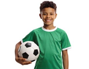 A young boy in a green soccer jersey is smiling and holding a black and white soccer