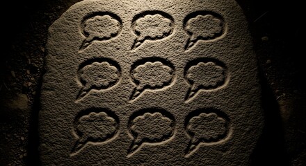 Ancient stone tablet etched with multiple thought bubbles symbolizes communication, ideas, and dialogue, evoking timeless concepts.