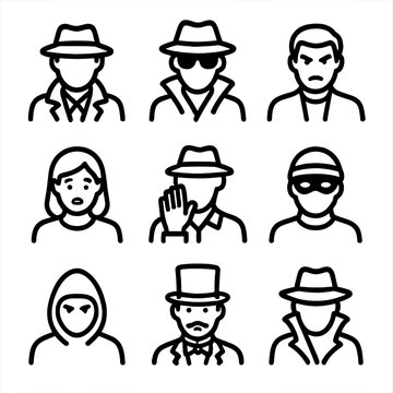 Mystery Character Icons. Outline icon set of mystery suspects and characters: detective, spy, villain, witness, informant, thief,