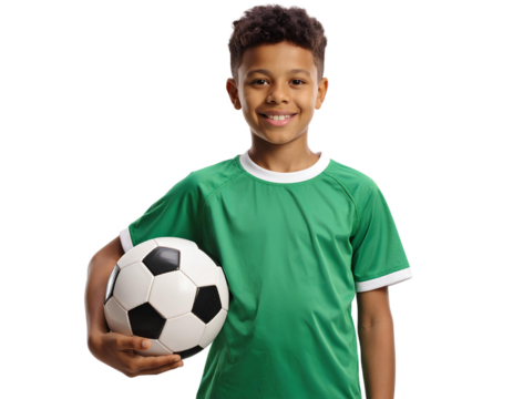 A young boy in a green soccer jersey is smiling and holding a black and white soccer