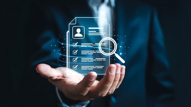 Businessman holding a glowing digital resume or cv with a magnifying glass highlighting key information for job search and recruitment