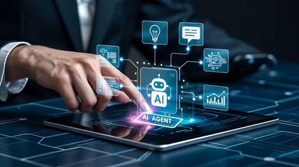 Close up of a person s hand interacting with a holographic ai chatbot interface on a digital tablet screen