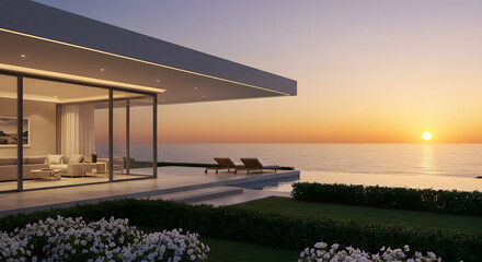 Fototapeta premium Luxury ocean view villa home sunset real estate architecture design modern house residence property lifestyle