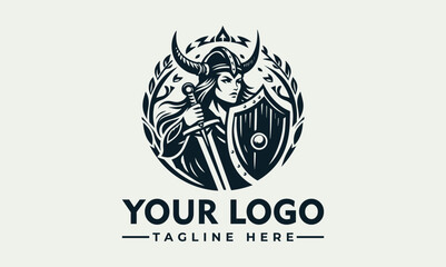 Vintage logo design of a female warrior holding sword and shield, framed by a circular wreath.