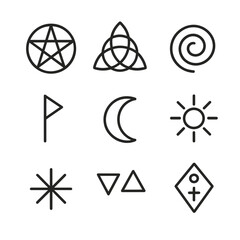 Mystical Icon Grid. Outline icon set of magic stone symbols: pentagram, triquetra, spiral, rune alphabet, crescent moon, sun