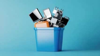Electronic waste recycling bin filled with old computer monitors and devices highlighting technology disposal and responsible e waste disposal blue bin promoting environmental awareness and recycling