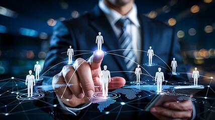 Businessman interacting with a futuristic holographic network of connected people and global data visualization