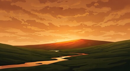 Golden River Flowing Through Green Hills Under Orange Sunset Sky