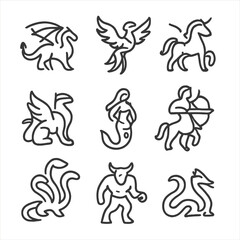 Obraz premium Mythical Creatures Icons. Outline icon set of mythological creatures: dragon, phoenix, unicorn, griffin, mermaid, centaur, hydra,