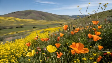 Yellow And Orange Flowers. Blossom of Orange Poppies and Yellow Flowers in California Field.