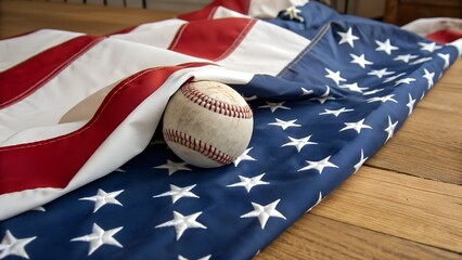 A baseball rests on a draped american flag representing american sports and national pride