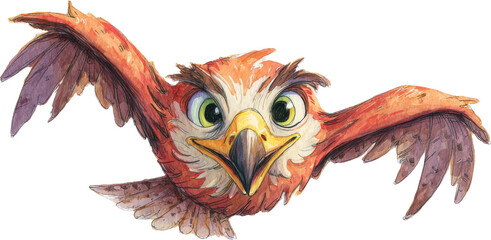 Whimsical watercolor owl in flight with wide eyes isolated on transparent background