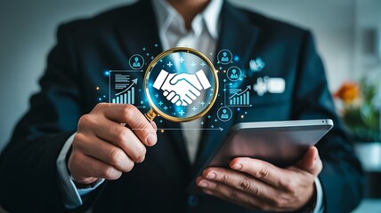 Businessman holding a smartphone and a magnifying glass focusing on a digital handshake icon representing business partnership and success