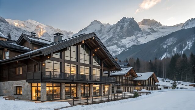 A luxurious alpine resort with dark wood accents slanted roofs and expansive glass facades - Powered by Adobe
