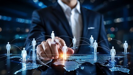 Businessman connecting digital human figures on a glowing world map representing global networking and business expansion