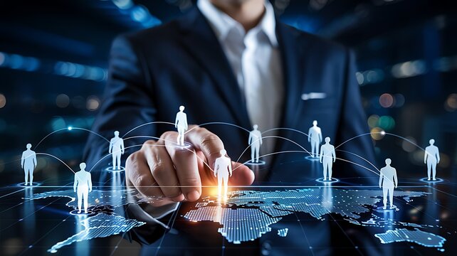 Businessman connecting digital human figures on a glowing world map representing global networking and business expansion