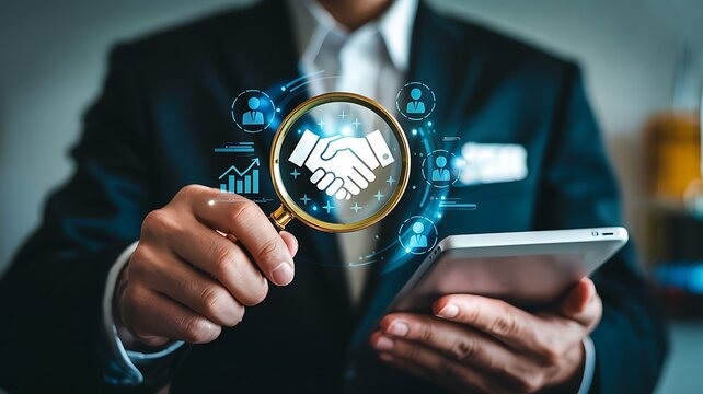 Businessman examining digital handshake icon through magnifying glass held over smartphone representing business analysis and partnership