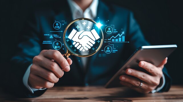 Businessman examining a digital handshake icon under a magnifying glass symbolizing partnership trust and successful business collaboration