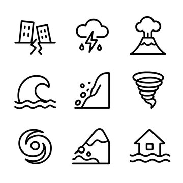 Natural Disaster Icons. Outline icon set of rumble natural events: earthquake, thunderstorm, volcanic eruption, tsunami, landslide