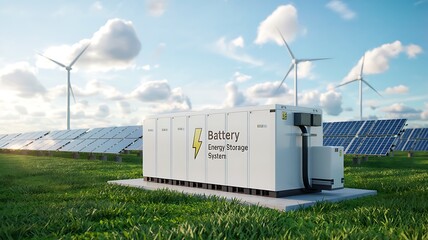 Modern renewable energy storage system with wind turbines and solar panels under a bright blue sky with fluffy clouds
